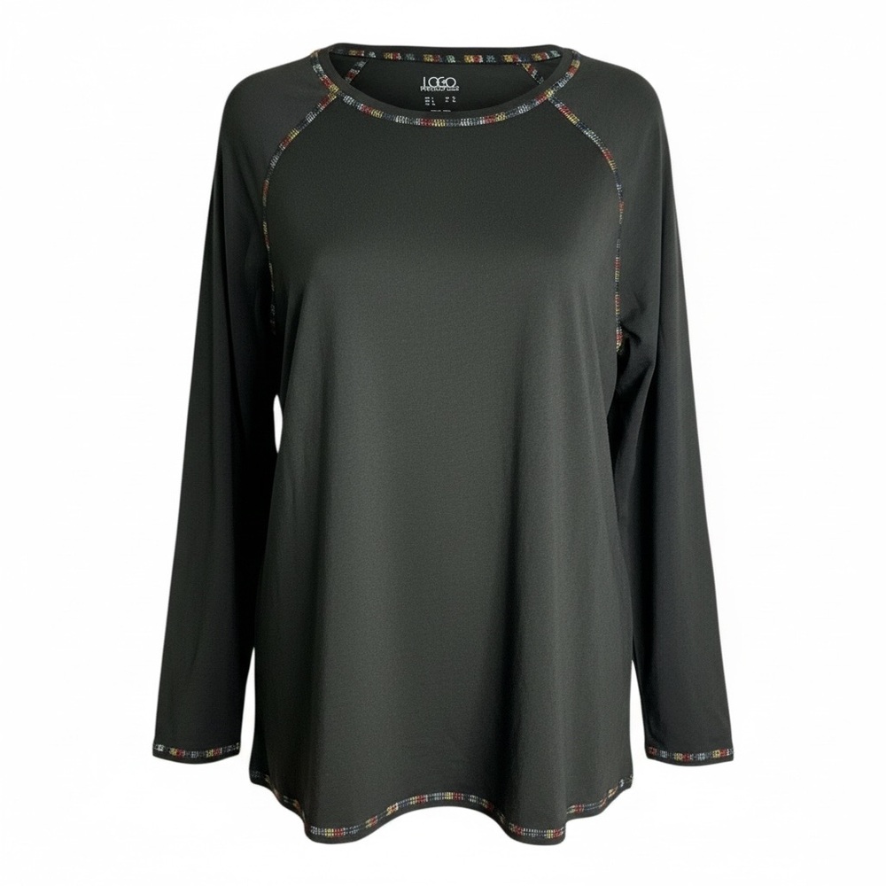 LOGO by Lori Goldstein Women's Black Long Sleeve Top with Multicolor Trim